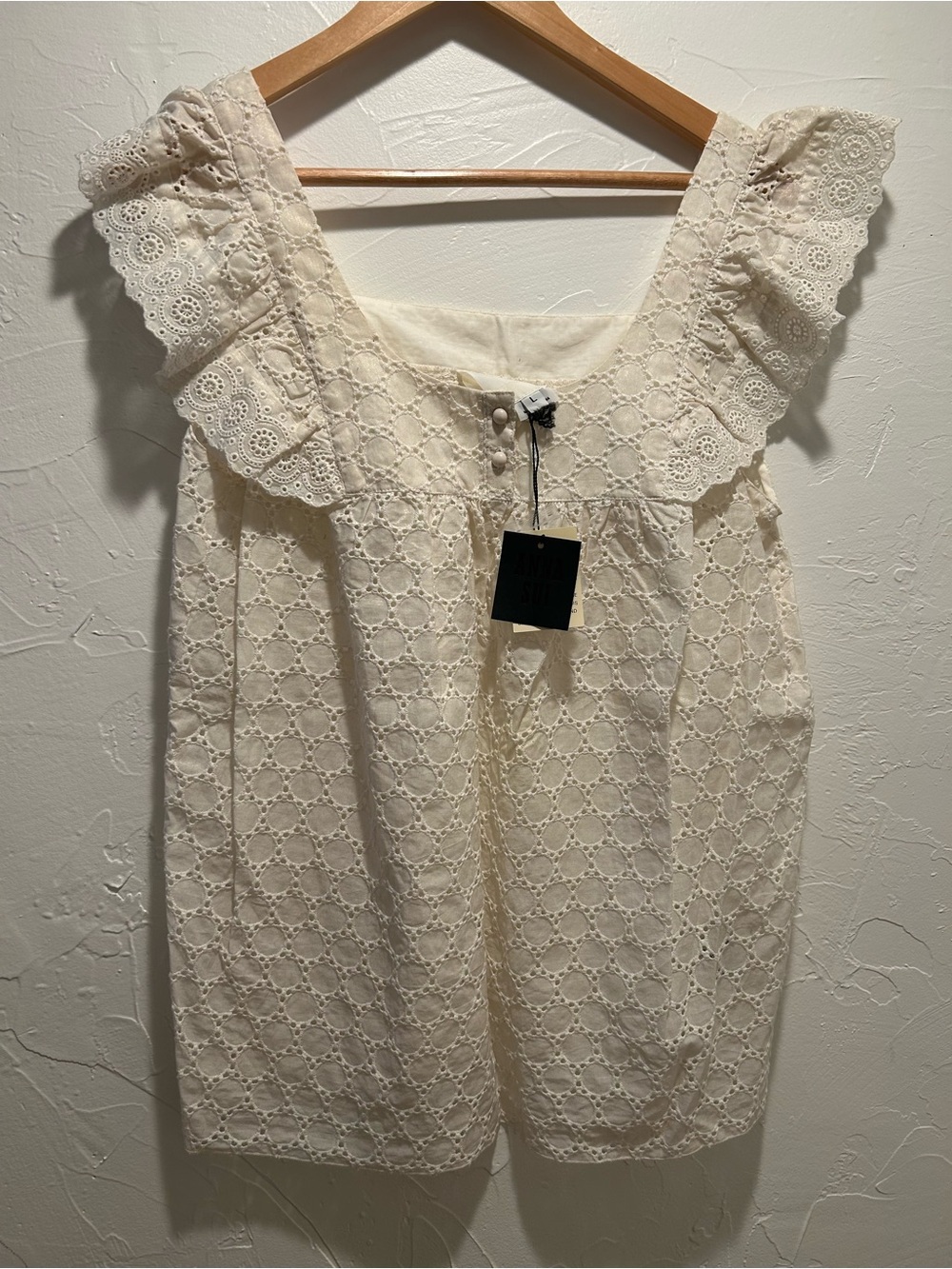 Anna Sui Cream Eyelet Ruffle Tank Top